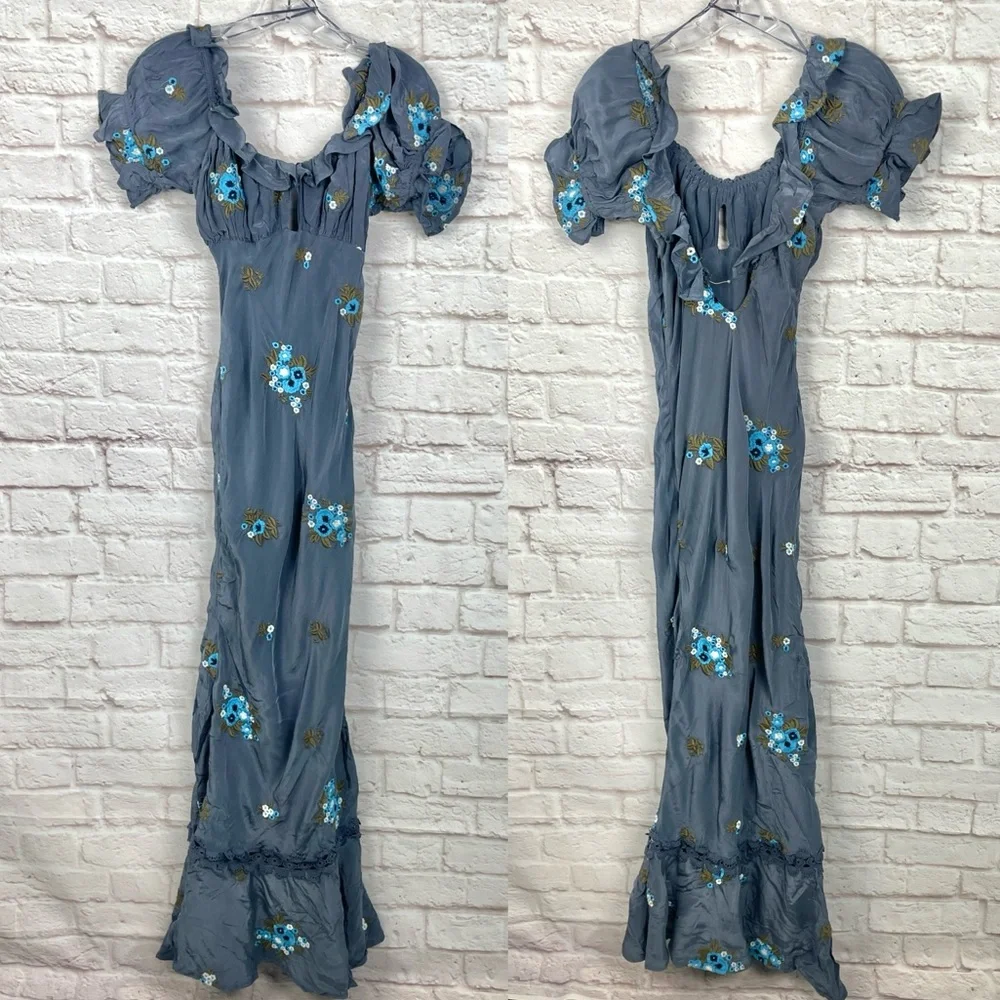 Free People Dusty Blue Floral Ruffled Maxi Dress - Picture 2 of 9